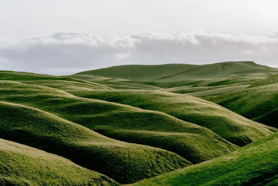 Green rolling hills landscape under cloudy sky